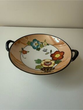 Noritake Peach-Rim Floral Ceramic Serving Bowl with Black Handles